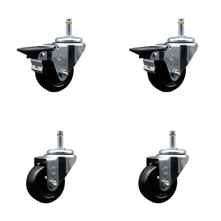 Service Caster 3'' Hard Rubber Wheel Swivel 7/16'' Grip Ring Stem Caster Set 2 Brakes, 4PK SCC-GR20S314-HRS-PLB-716138-2-S-2